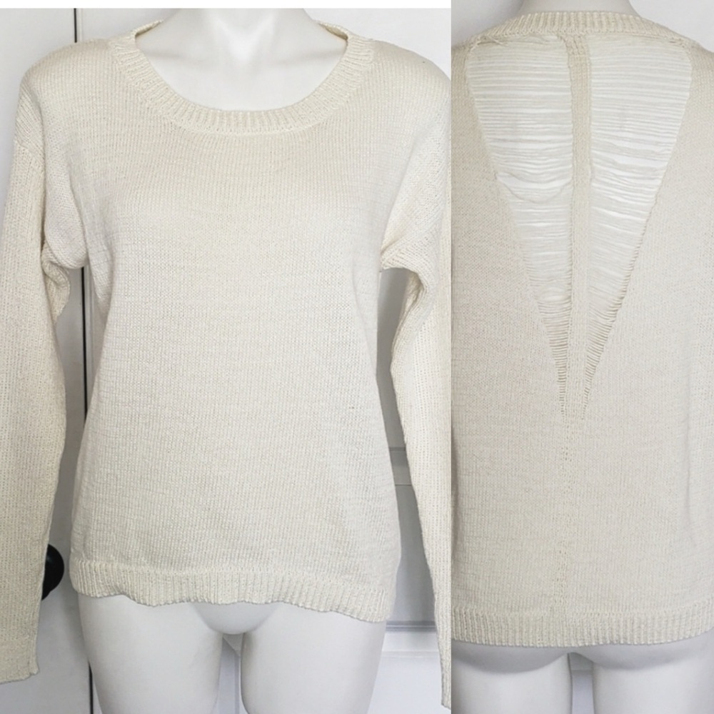 Lysse Ivory Cream Carson Sweater Distressed Drop Stitch V Back Cotton Blend M